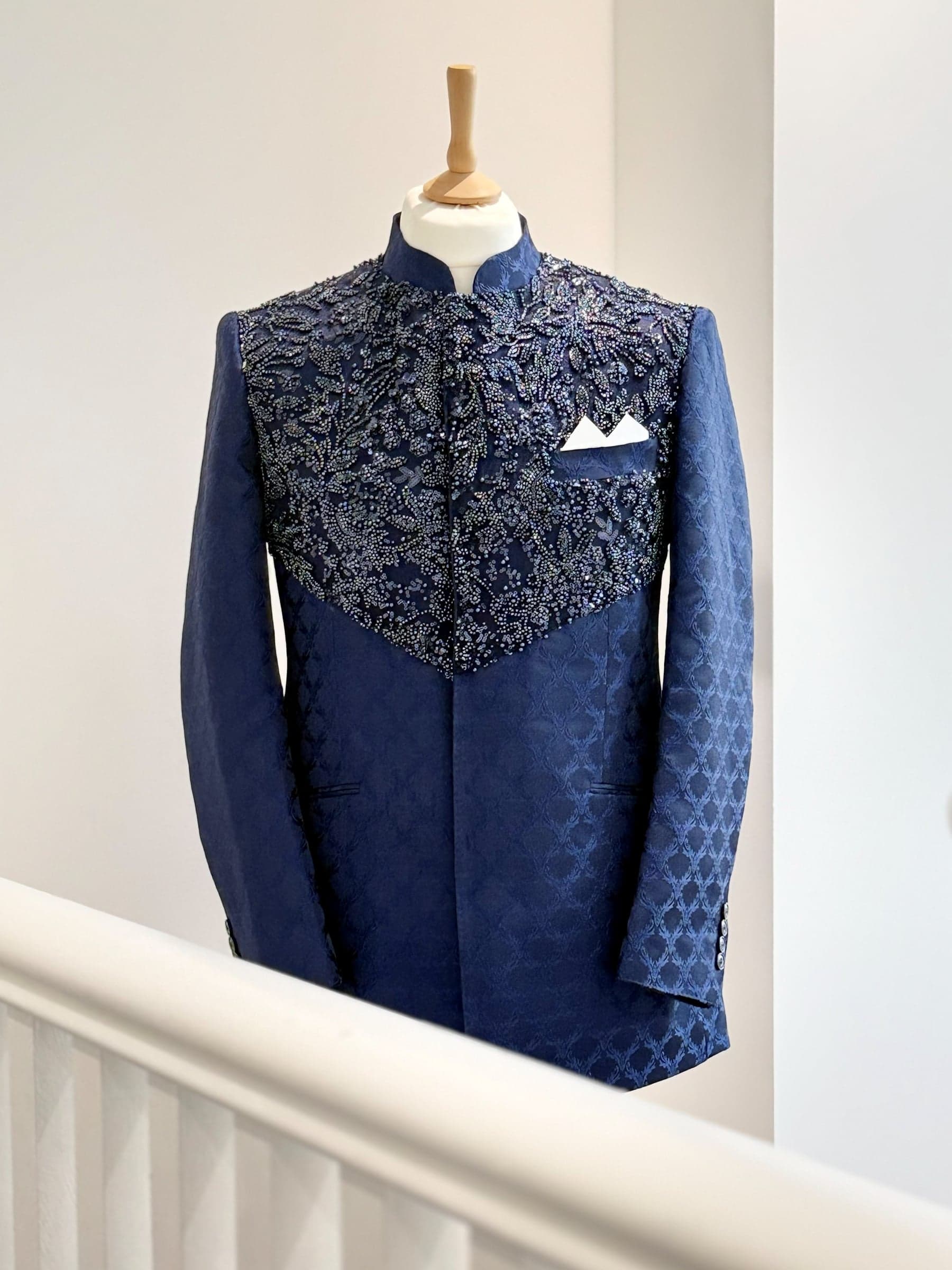 Navy Beaded Mandarin Collar Jacket